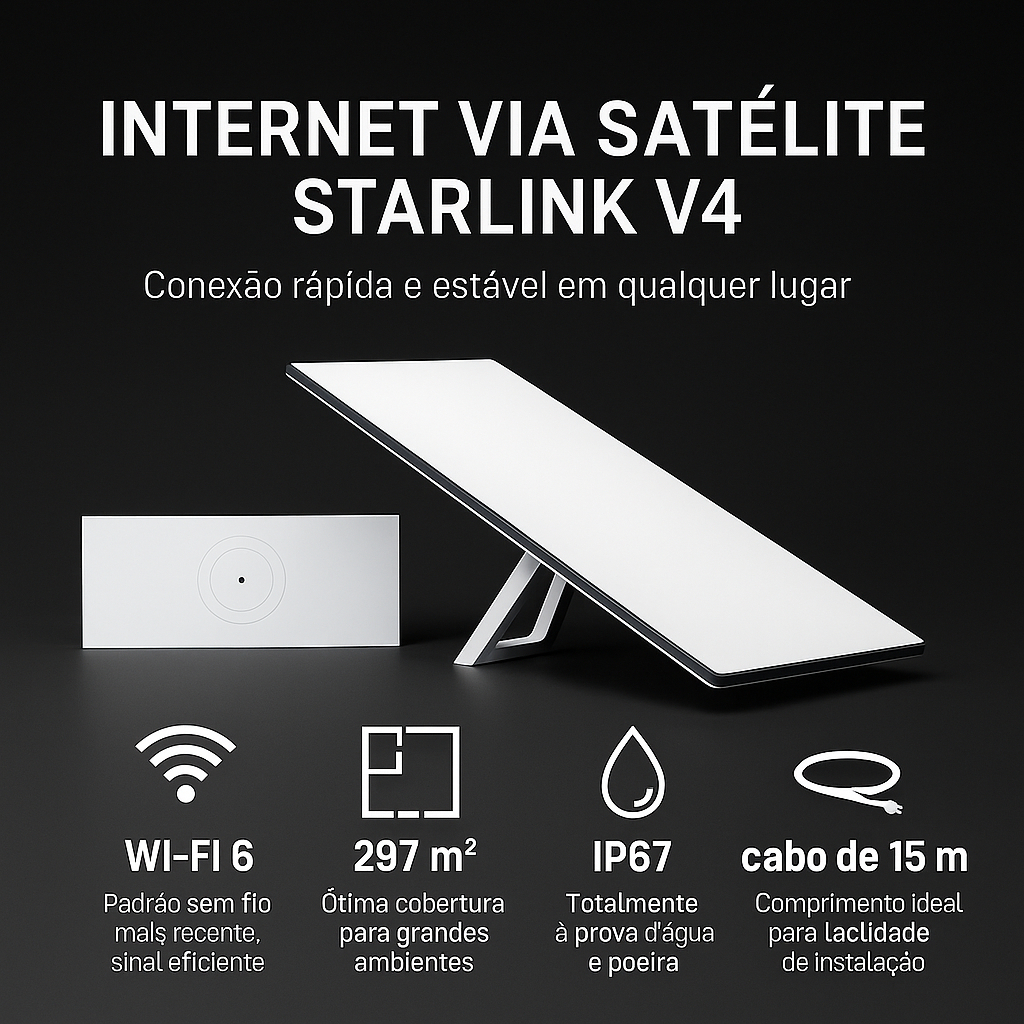 Starlink V4 Internet Satélite Wi-fi 6 Alta Velocidade Nacional Homologada
                      Anatel (Starlink Padrão)
