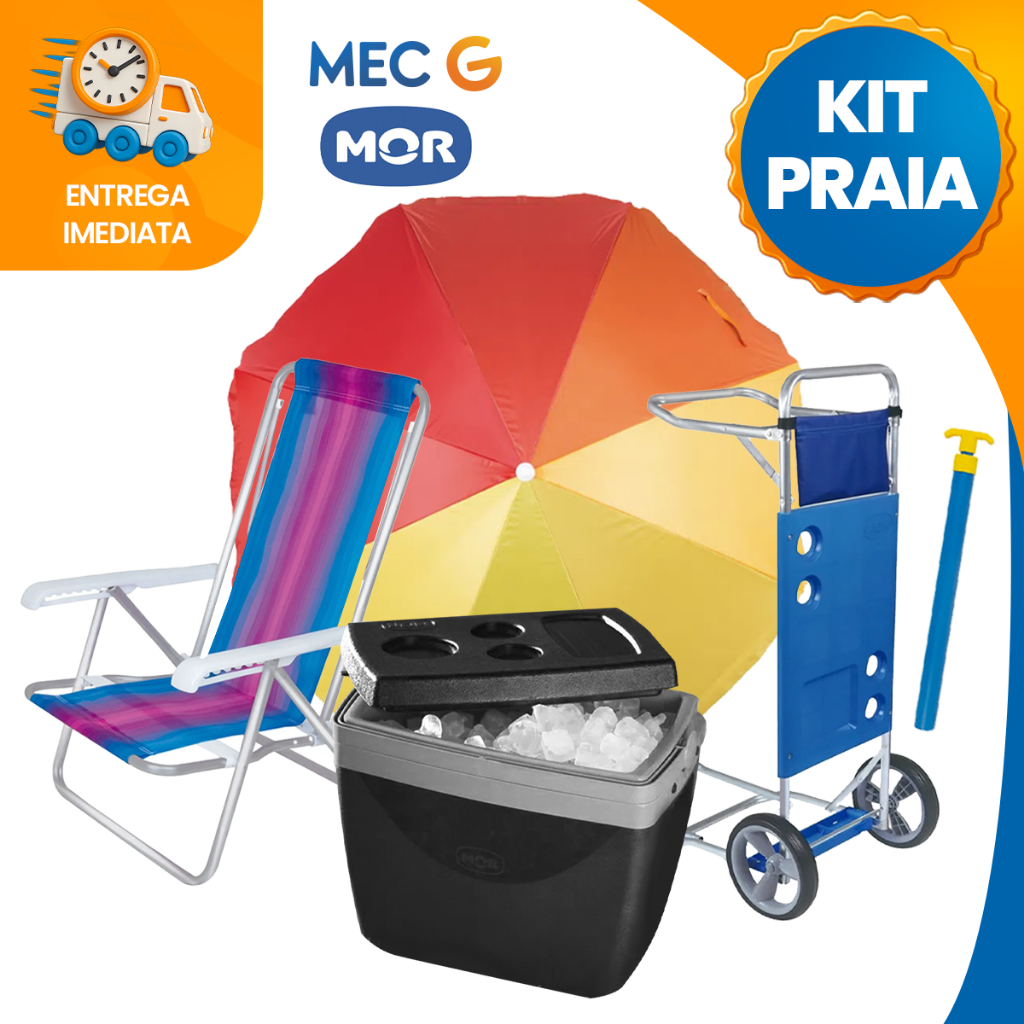 Kit Praia 4 Cadeiras Sortidas Reclinável + Guarda Sol Fashion + Saca Areia+
                      Carrinho+ Coller 18 Lts