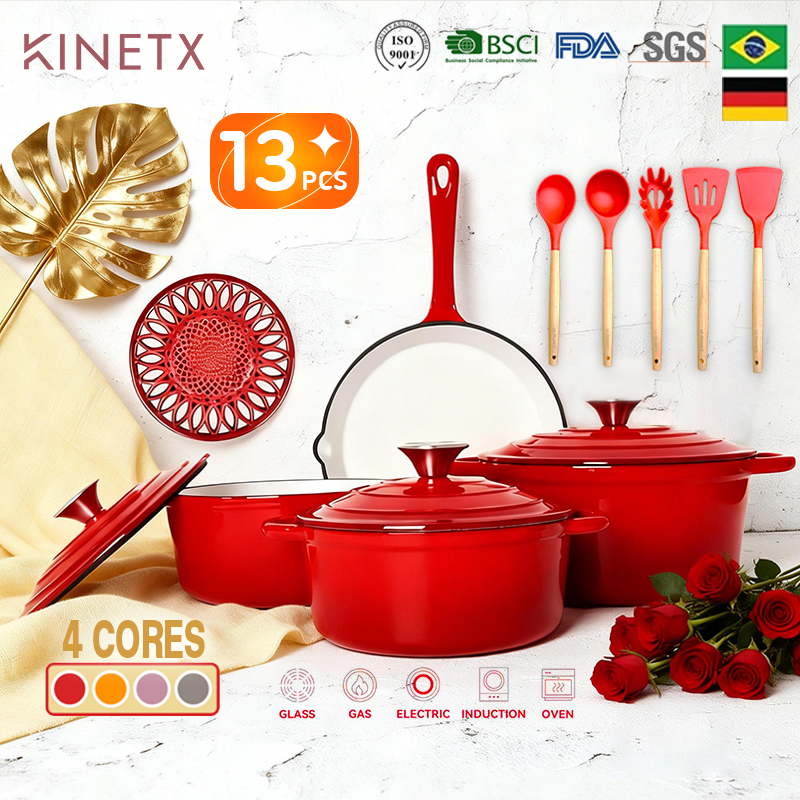 Jogo de Panelas 13 Peças Ferro Fundido Esmaltado Premium Alta Resistência
                      Antibacteria Mantenha aquecido e fresco